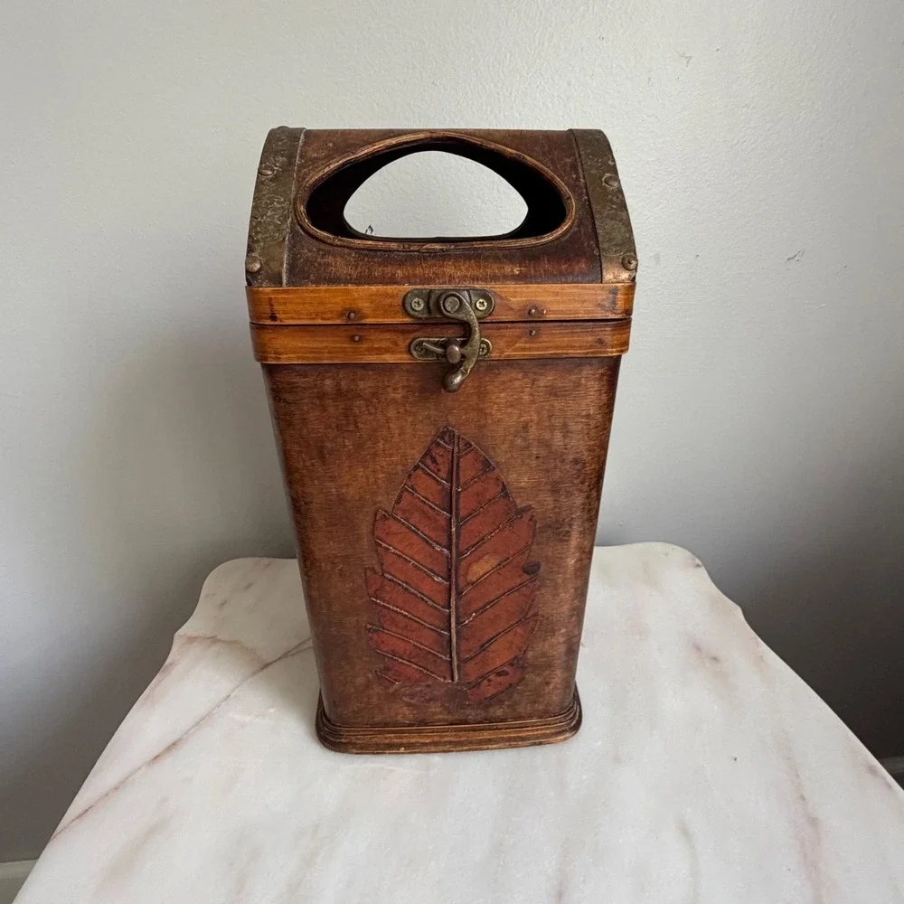 Vintage Wood Leaf Embossed Storage Bin Slanted Top Latch Wastebasket Rustic
